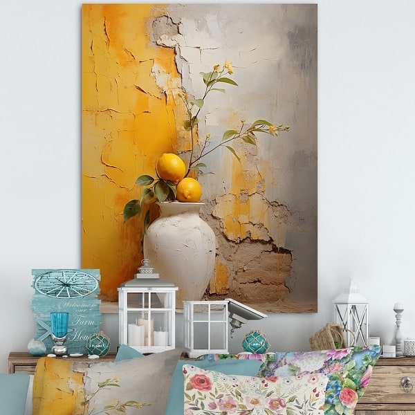 Large Rustic Boho Wall Art, Lemon Still Life, Crackled Texture