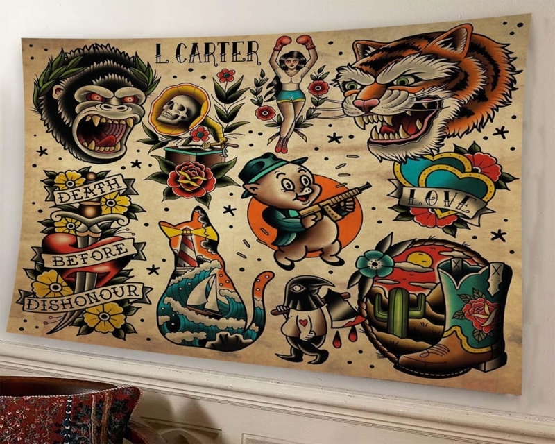 Large Tapestry American Traditional Tattoo Flash Collage Art Decor