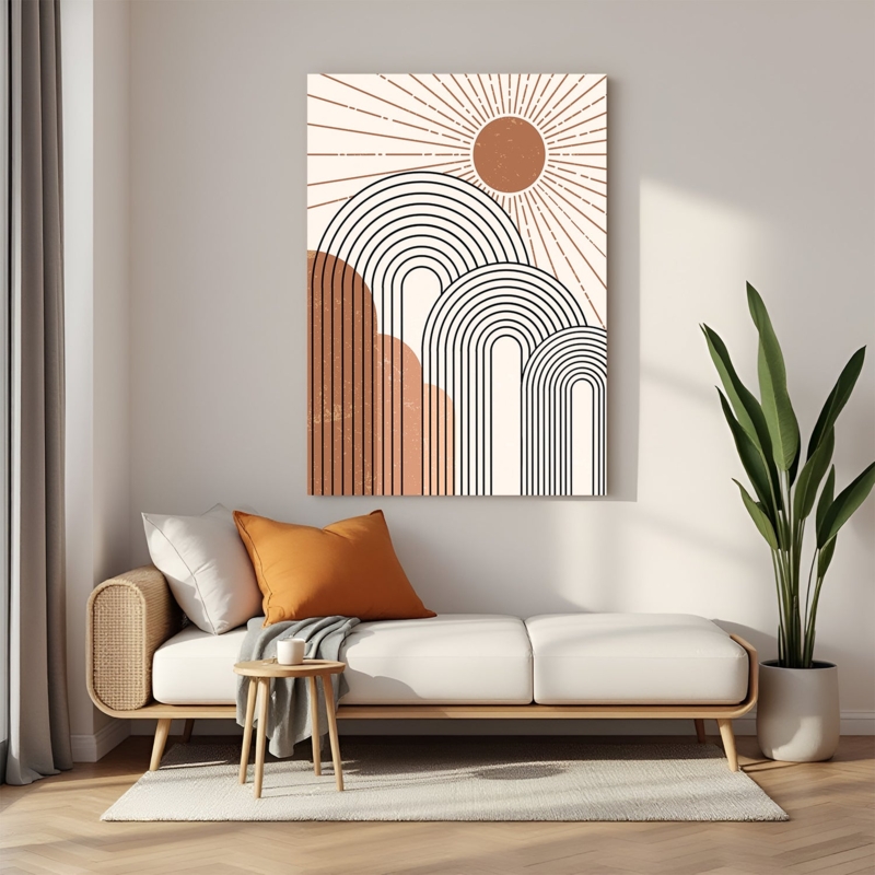 Large Terracotta Sun Wall Art, Canvas with Arch Art Motif