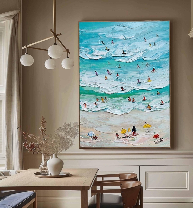 Large Vertical Wall Art Impasto Texture Vibrant Turquoise Beach Scene