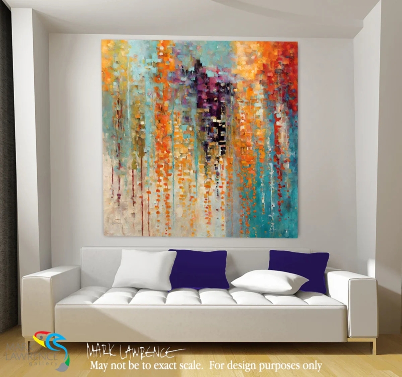 Large Wall Art Vertical Drips Abstract Design Vibrant Teal Orange