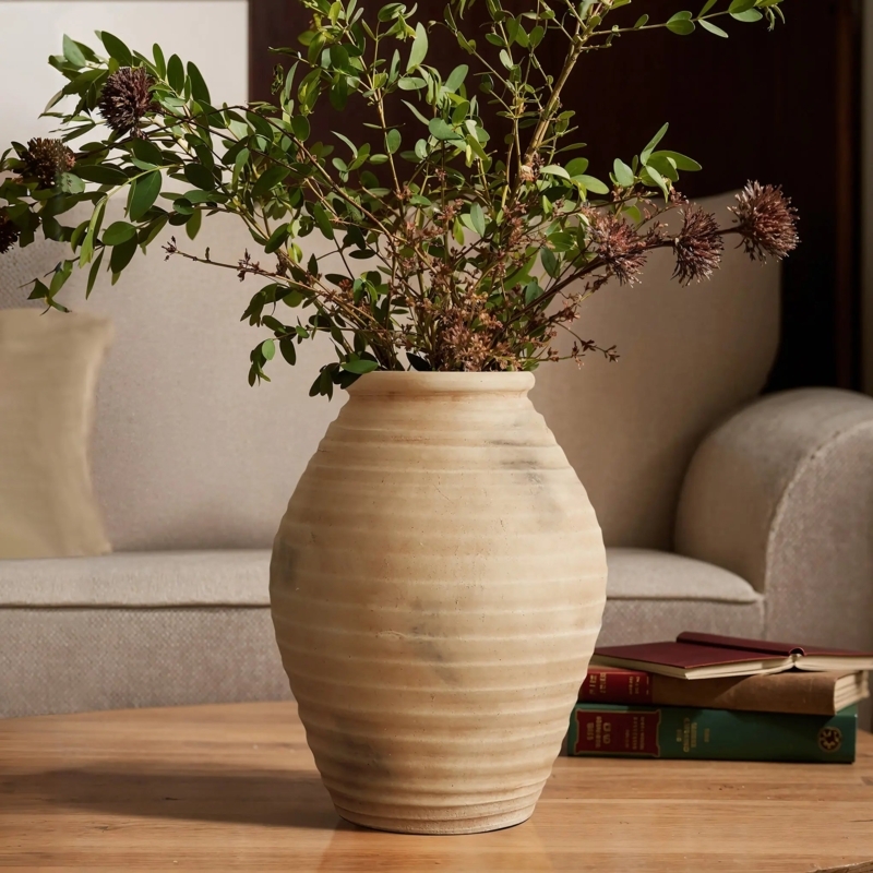 Large Weathered Terracotta Urn Vase with Deep Horizontal Ribbing