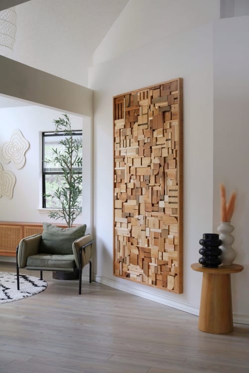 Large Wood Mosaic Wall Art Textured Block Geometric Panel