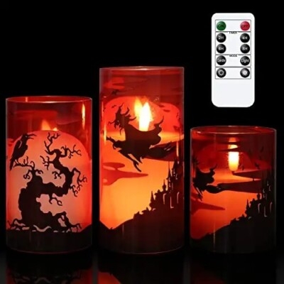 LED Pillar Candles Halloween Silhouettes Orange Glow 3-Pack
