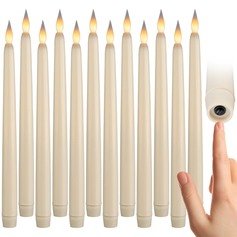 LED Taper Candle Ivory Twelve Pack Set with Push Button Base Flicker