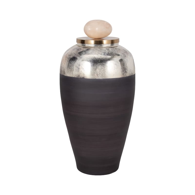 Lidded Decorative Jar: Resin Egg Topper, Mottled Silver Finish, Two-Tone