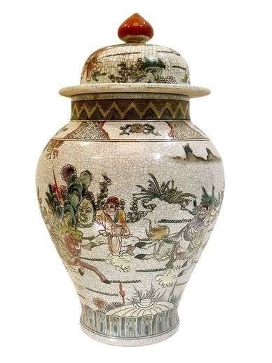 Lidded Ginger Jar: Crackle Glaze, Narrative Scene, Traditional Chinoiserie.