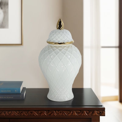 Lidded Jar Featuring Diamond Lattice Texture and Gold Tipped Finial