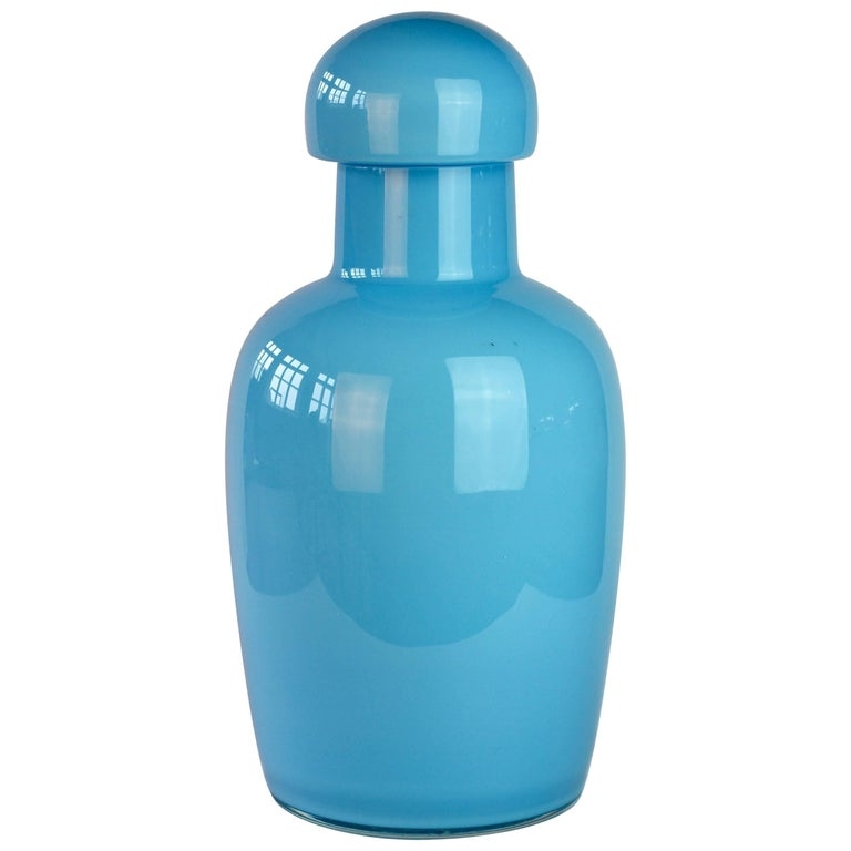 Lidded Jar: Vibrant Sky Blue Glass, Domed Lid, Mid-century modern glass jar.