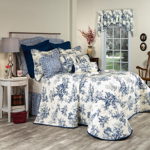 Light Blue Comforter Set with Ruffled Edges Traditional Toile Bedding