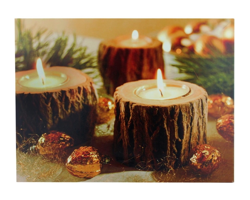 Lighted Flickering Candle Art Print on Canvas with Bark Texture