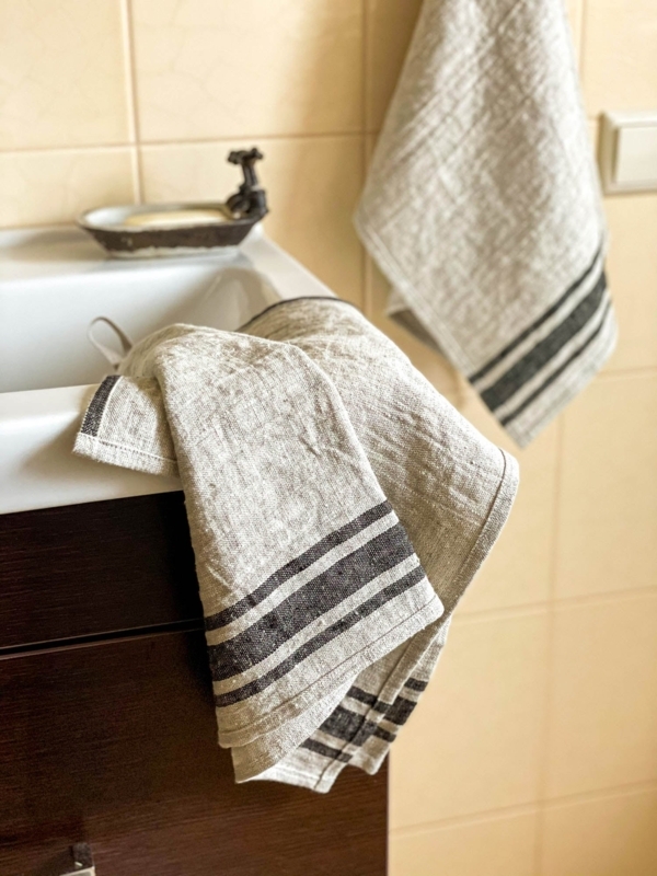 Linen Bath Towel, Oatmeal Beige with Pinstripe Detail.