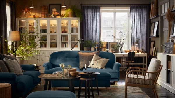 Living Room Office Nook Ideas: Navy Sofa & White Window Pane Cabinet