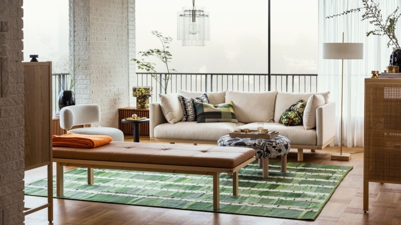 Living Room: Tan Leather Daybed Decor Ideas and Green Striped Rug.