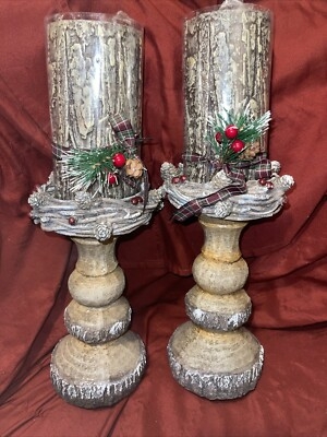 Log Style Pillar Candle Stands with Bark Texture and Pinecones