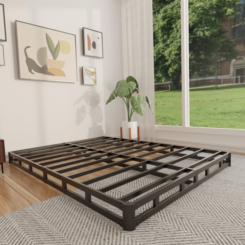 Low-Profile Bed Foundation, 4-Inch Matte Black Metal Slatted Base.