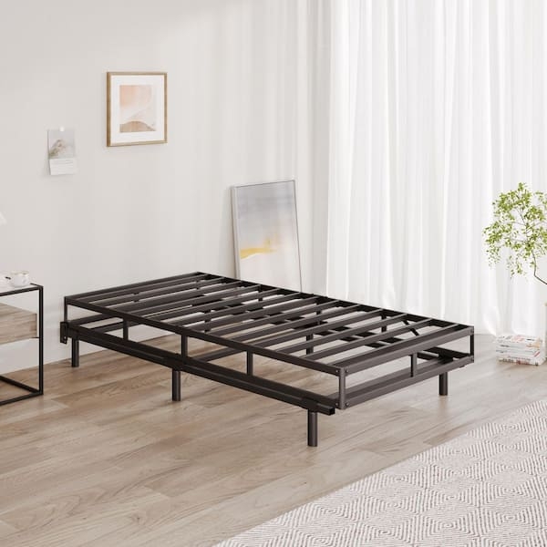 Low-Profile Bed Foundation, 5-Inch Matte Black Metal Slat System.