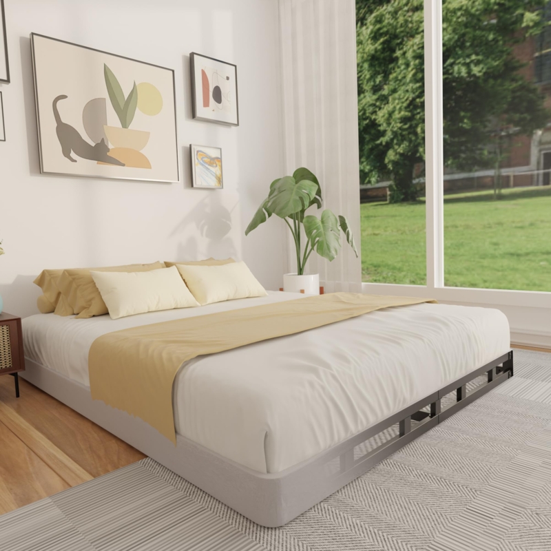 Low Profile Box Spring, Heavy Duty Metal Frame, Grey Fabric Cover.