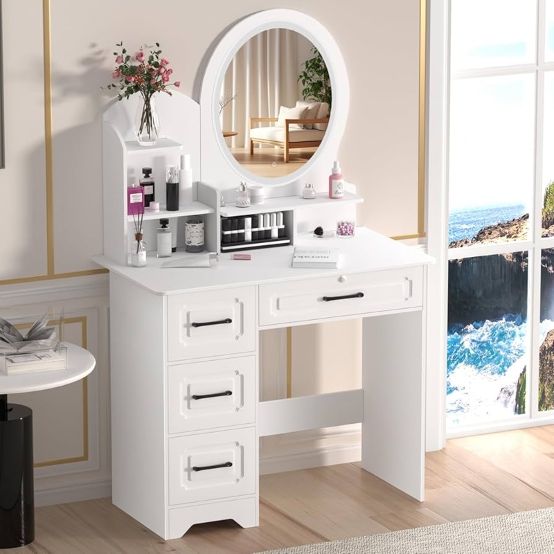 Makeup Vanity Desk White with Tiered Shelving and Black Hardware.