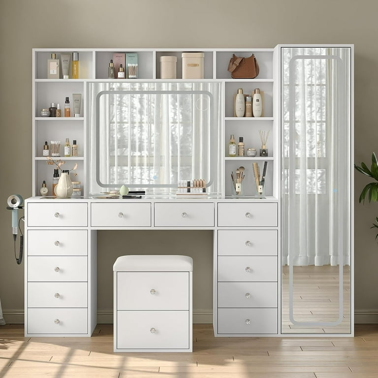 Makeup Vanity Dual Mirror System 14-Drawers White Storage