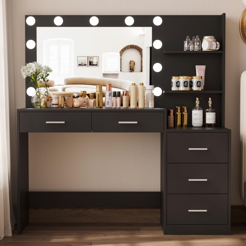 Makeup Vanity Eleven Vanity LED Bulbs, Side Storage Hutch, Matte Finish
