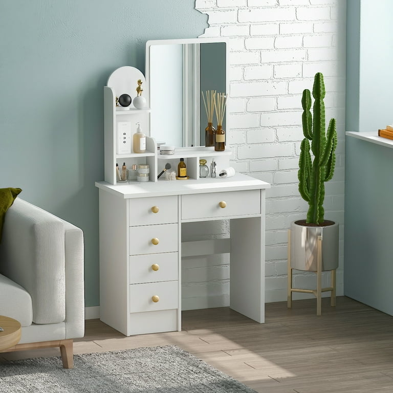 Makeup Vanity Gold Knobs Tiered Shelving White Finish