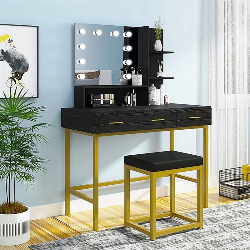 Makeup Vanity Gold Metal Base, Hollywood LED Mirror, Side Shelving