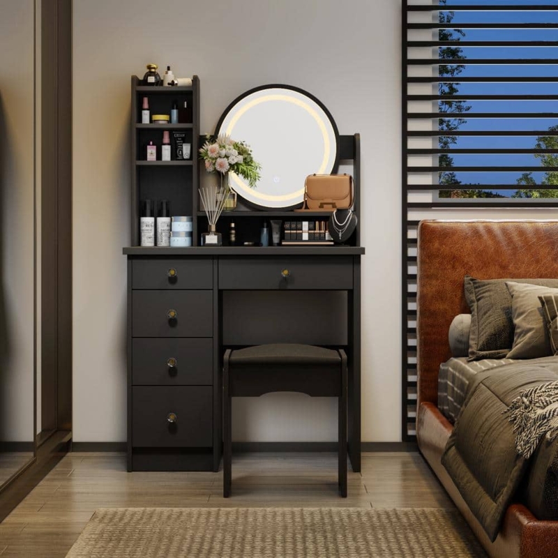 Makeup Vanity Hutch Storage, LED Ring Mirror, Five Drawers, Matte