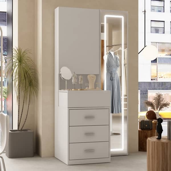 Makeup Vanity Hybrid Dresser Tall Vertical LED Mirror White