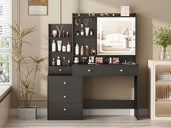 Makeup Vanity Matte Black Finish LED Mirror Extensive Storage