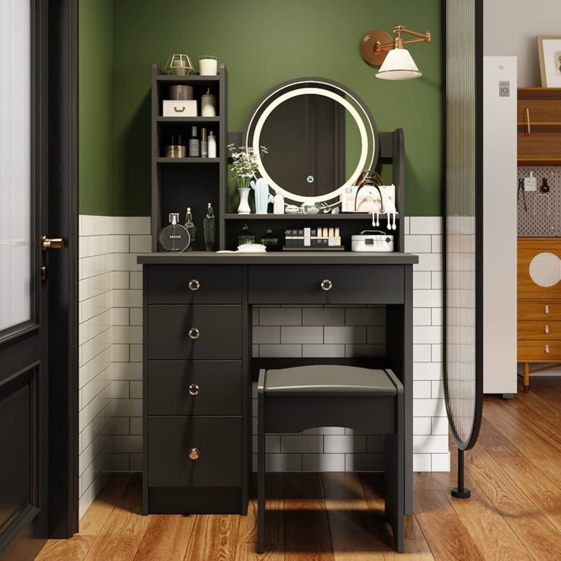 Makeup Vanity Matte Charcoal Finish, Round Lighted Mirror, Side Shelves