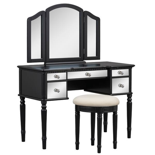 Makeup Vanity Set Mirrored Drawer Fronts, Tri Fold Mirror, Crystal Knobs