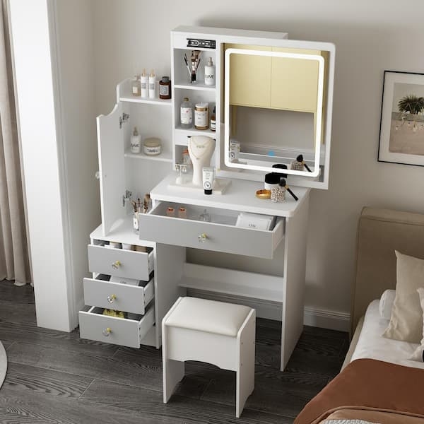Makeup Vanity Set with Crystal Knobs, White and Gray Multi-Tier Storage.