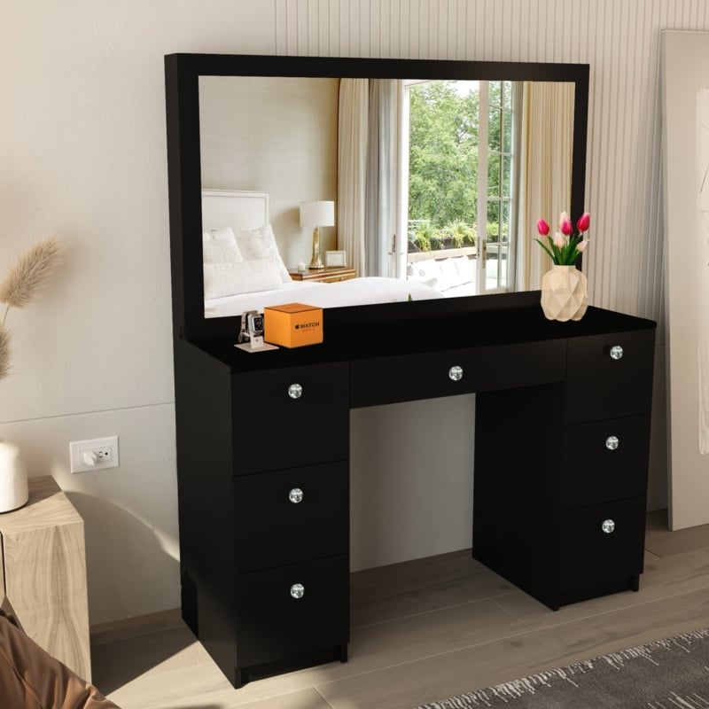 Makeup Vanity Seven Drawers, Crystal Knobs, Large Mirror, Glam Style