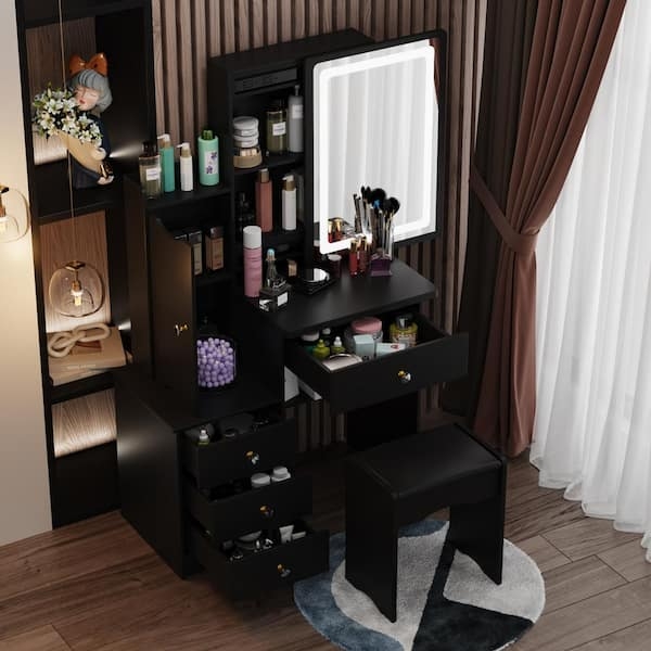 Makeup Vanity Sliding Compartment, LED Lighted Mirror, Ribbed Surface