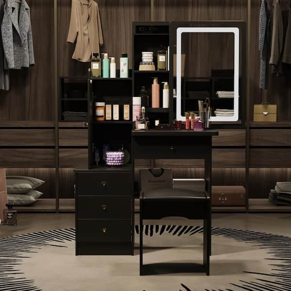 Makeup Vanity Sliding LED Mirror, Multi Tier Shelving, Walk In Closet