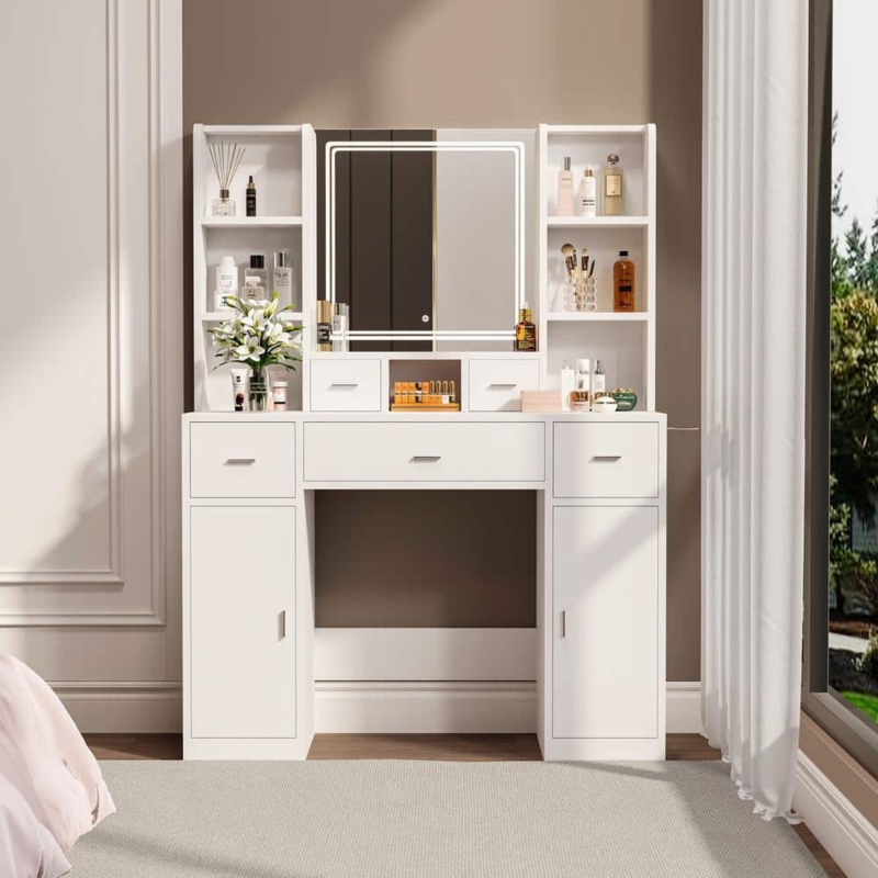Makeup Vanity Symmetrical Shelving LED Mirror Modern Style