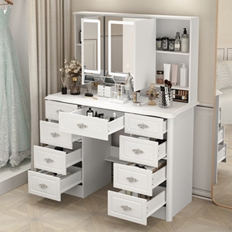 Makeup Vanity Triple LED Mirror Integrated Hutch 9-Drawers