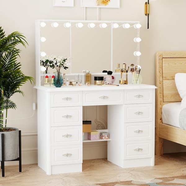 Makeup Vanity Triptych Mirror Carved Metal Handles White