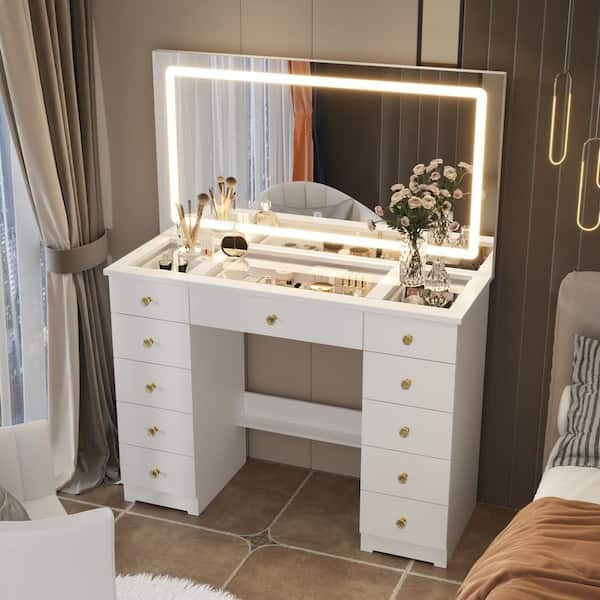 Makeup Vanity with 11 Drawers, Glass Top Display, and Lighted Mirror