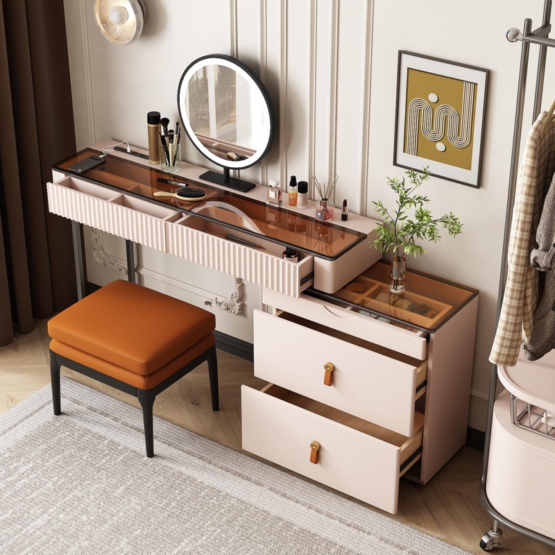 Makeup Vanity with Amber Glass Top, Fluted Blush Pink Drawers.
