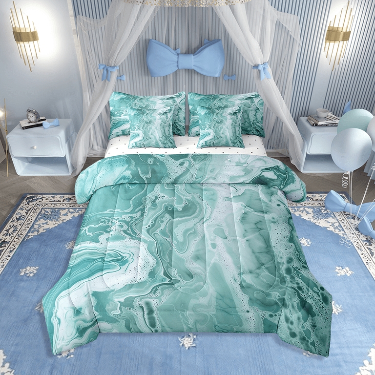 Marble Comforter Set, Abstract Gold Veining, 7-Piece, Glam Style, Teal