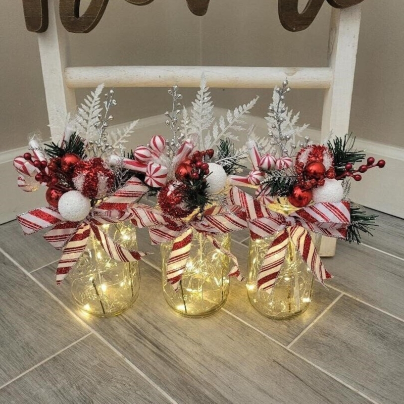 Mason Jar Centerpiece Peppermint Candy Theme Lighted Decor