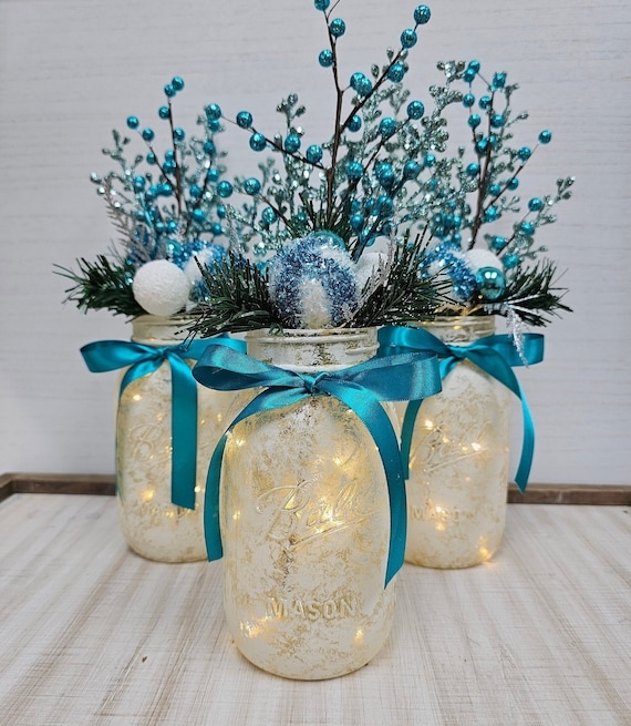 Mason Jar Set Teal Beaded Stems Winter Foliage Display