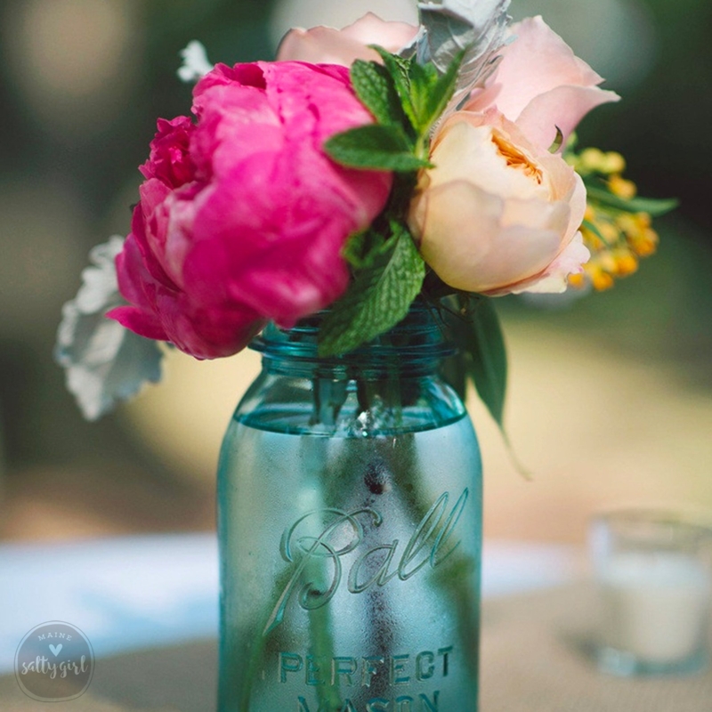 Mason Jar Vase Aqua Tinted Glass Embossed Logo Antique Replica Cottagecore