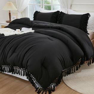 Matte Black Comforter Set with Tassel Trim Boho Modern Bedding