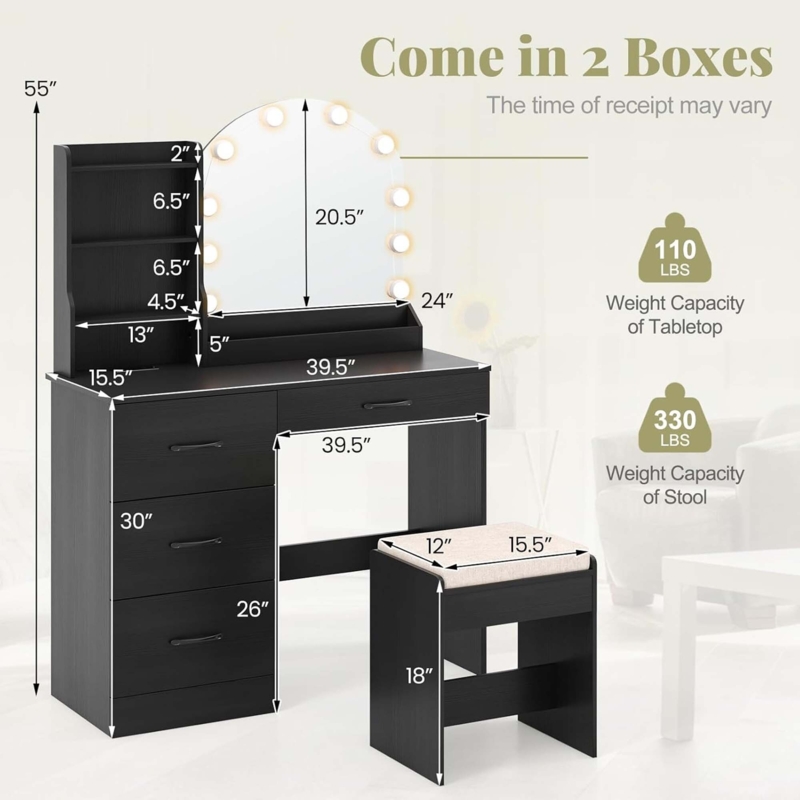 Matte Black Vanity Set with Hutch Storage and Arched Lighted Mirror