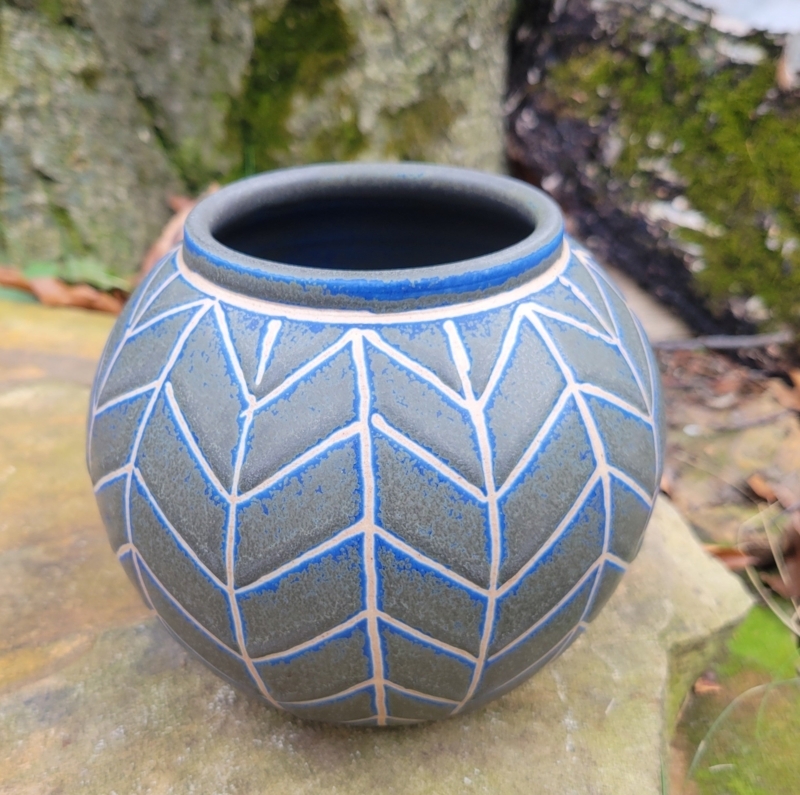 Matte Blue-Gray Ceramic Vase: Etched Chevron. Artisanal pottery decor.