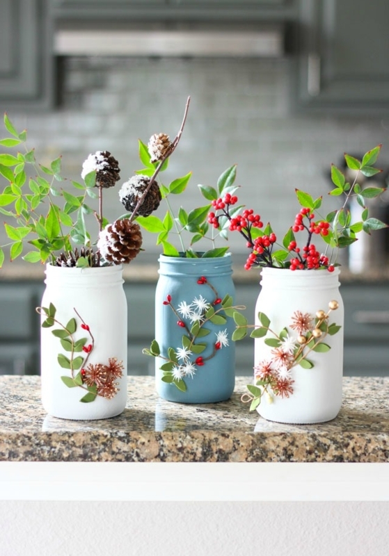 Matte Painted Mason Jars 3D Floral Appliqués Seasonal Berry Arrangement