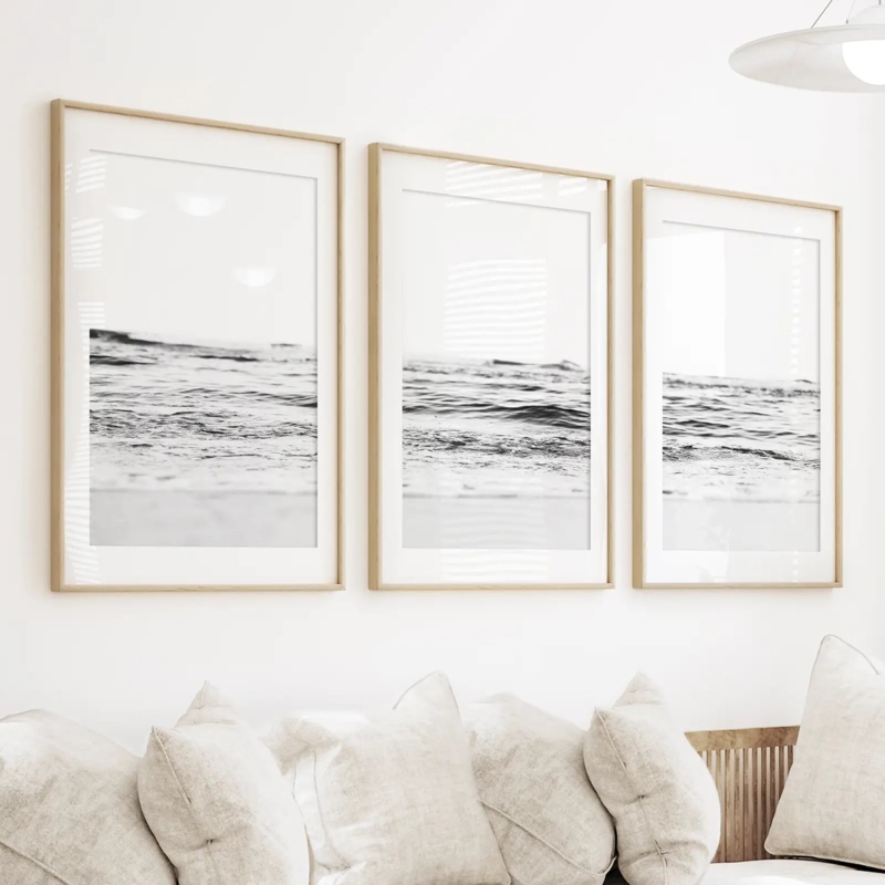 Matted Wall Art Set of 3, Beach Wave Imagery in Wood Frames